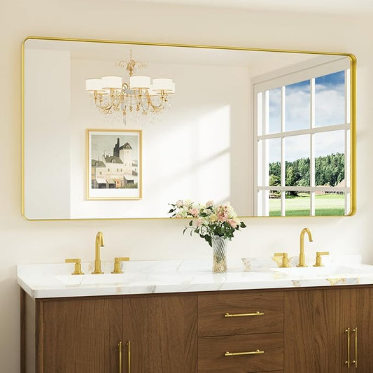 Keonjinn Brushed Gold Bathroom Mirror 72” x 36” Large Gold Bathroom Vanity Mirrors, Oversized Rounded Rectangle Mirror with Shatterproof HD Tempered Glass, Aluminum Alloy Frame(Horizontal/Vertical)