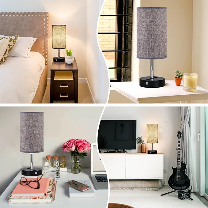 Table Lamps with Motion Sensor and Constant on Two Modes, USB Lamp with Warm White Bulb, Fabric Shade, Built-in USB Port & AC Outlet - Bedside Table Lamp for Bedroom or Living Room