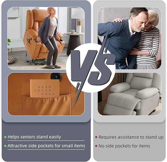 Power Lift Recliner Chair for Elderly, Electric Recliner Chairs for Adults with Massage and Heat, Cup Holders, Remote Control, USB Ports, Side Pockets, Leather (Bright Orange) ﻿