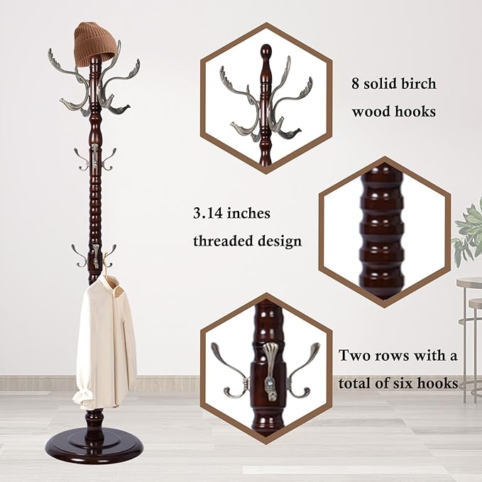 Coat Rack Stand, Solid Wooden Coat Tree with 14 Hooks, Heavy Duty Coat Rack Freestanding with Sturdy Round Base, Natural Birch Wood Coat Hanger Stand for Entryway Bedroom (Metal hook)