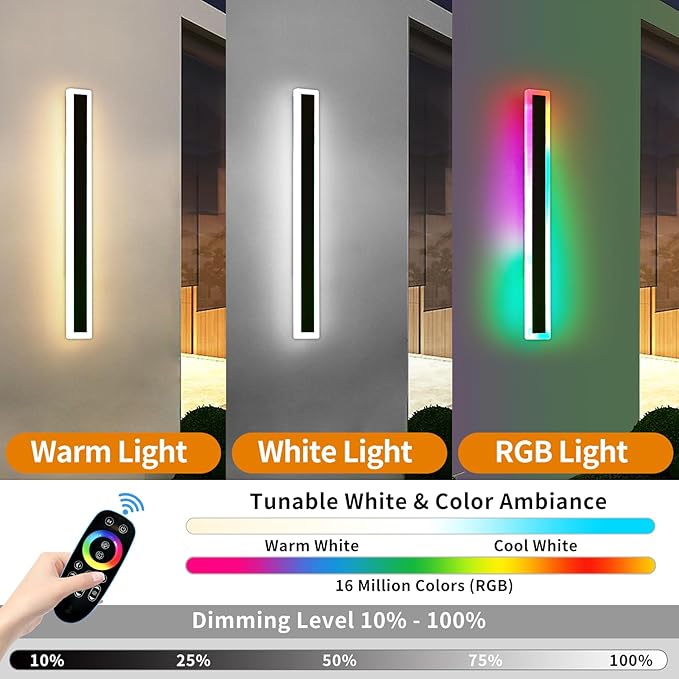 Mikeru Modern Outdoor Light Fixture, 31.4inch Modern RGB Outdoor Wall Light 10%-100% Dimmable with Memory Function Long Outdoor Porch Lights Featuring Multiple Modes and 12 Colors for Patio Entryway