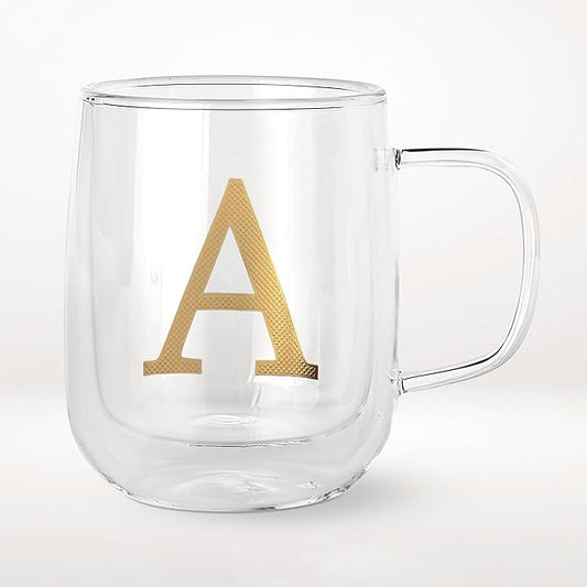 COLLECTIVE HOME - Double Walled Glass Coffee Mugs, Insulated Coffee Mug with Handle, Personalized Gifts for Women, Men, Christmas, 14 oz Monogram Cups (A-1)