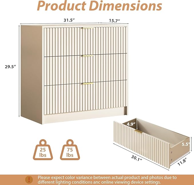3-Piece Dresser Bedroom Set, 5 Drawer Dresser & 3 Drawer Nightstands with Gold Handles, Fluted Wood Chest of Drawers for Bedroom, Living Room, Entryway, Beige