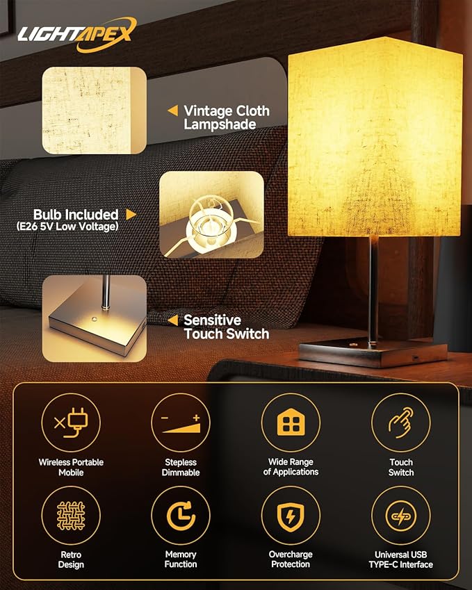 Lightapex Vintage Small Cordless Table Lamps with Stepless Dimming, Portable Rechargeable Bedside Lamps with Touch-Control for Bedroom, Living Room, and Reading, Cube(Black)