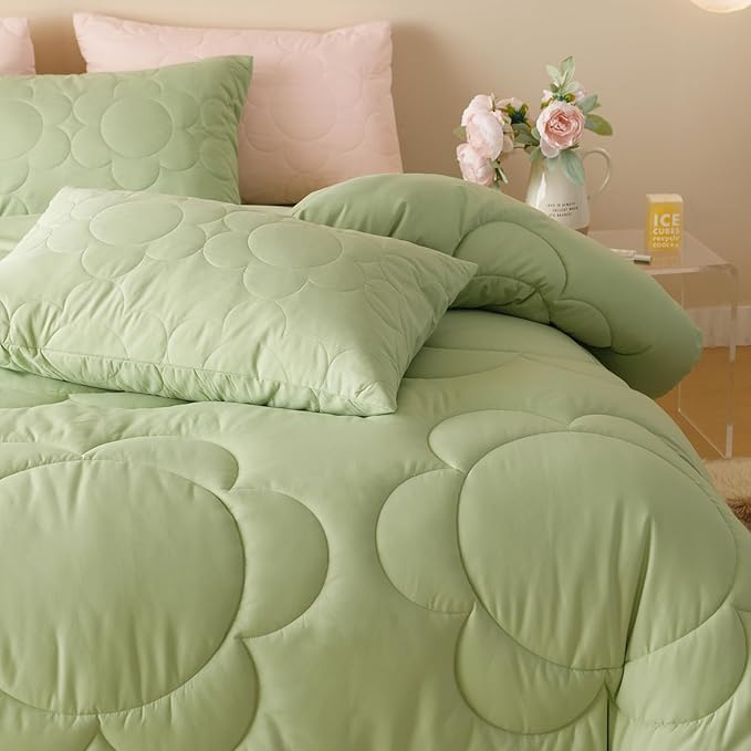 Luxlovery Sage Comforter Set Queen Sunflower Light Green Bedding Comforter Set Queen Size Boho Botanical Big Flowers Quilts Farmhouse Grass Green Comforter for Women Men