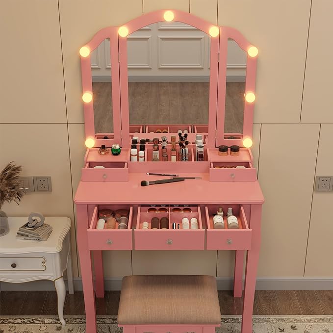 Pink Vanity Desk with Mirror and Lights for Girls Makeup Vanity Desk with Chair Vanity Table and Stool Set with 5 Storage Drawers 3 Colors Lighting Modes Tri Fold Vanity Mirror Lighted Vanity