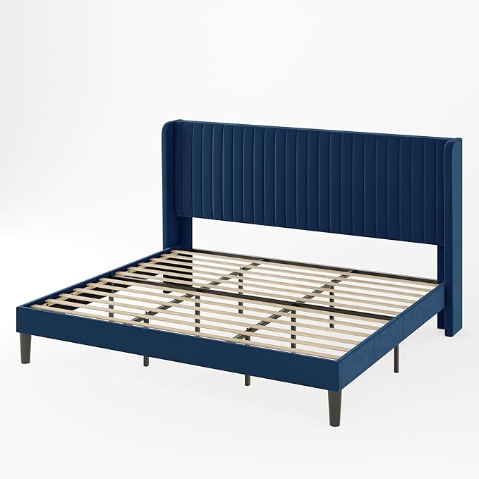 Allewie King Size Velvet Bed Frame/Vertical Channel Tufted Wingback Headboard/Upholstered Platform Bed/Strong Wooden Slats/No Box Spring Needed/Easy Assembly/Blue
