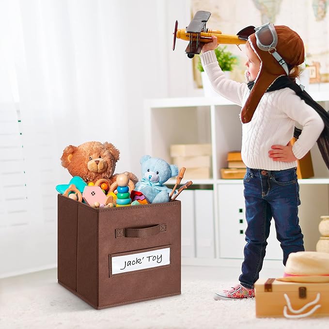 artsdi 11 Inch Storage Cube,Storage bin,cube storage (Set of 10) Foldable Fabric Cube Storage Bins with 10 Labels Window Cards & a Pen,Baskets Containers for Shelves,Closet Organizers Box,Brown