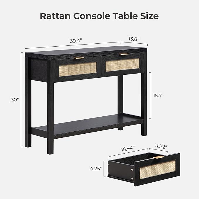 SICOTAS Black Console Table with Rattan Drawers - Boho Rattan Entryway Table with Storage, Small Console Tables for Entryway, Entry Table for Hallway, Sofa Table