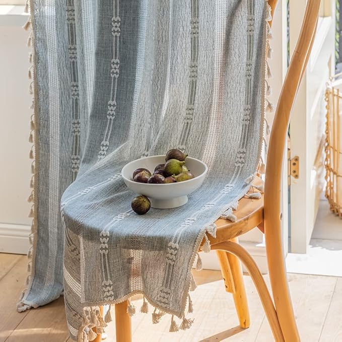 Boho Curtains for Bedroom Embroidery Striped Farmhouse Linen Curtains 63 Inch Length 2 Panels for Living Room Blue Bohemian Semi-Blackout Window Curtains Rod Pocket Drapes ( 52" W x 63" L,Blue)