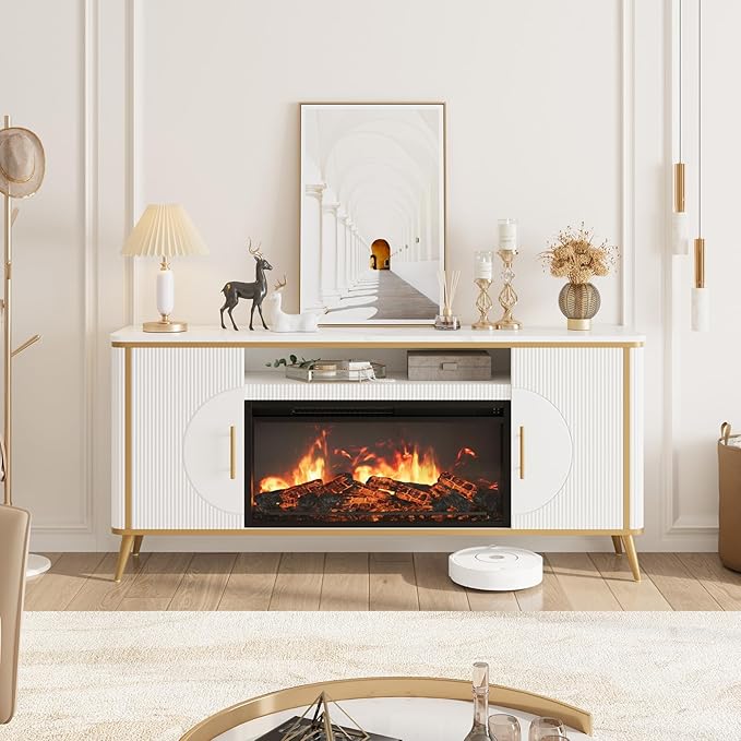 Fluted Fireplace TV Stand Up to 80" TVs, Modern Entertainment Center with 30" Electric Fireplace, Luxury Media Console with Adjustable Shelves for Living Room, White
