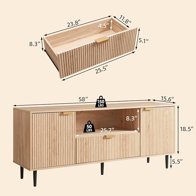 Okvnbjk Modern TV Stand for 65 Inch TV, TV Consoles for Living Room, Media Console with Soft Hinge & Drawer, Wood Fluted Entertainment Center with Storage, Oak