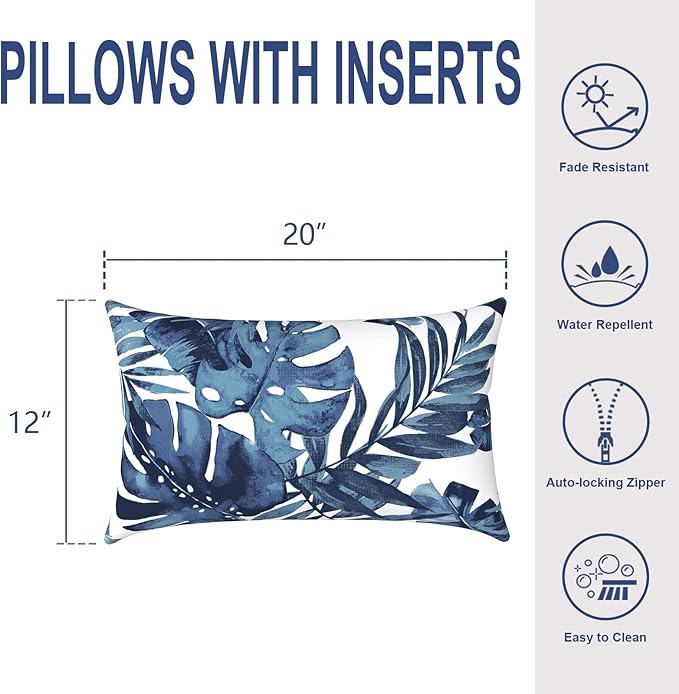 Outdoor/Indoor Lumbar Pillows, Water Repellent Cushion Pillows, 12x20 Inch, Outdoor Pillows with Inserts for Home Garden, Pack of 2, Palm Blue