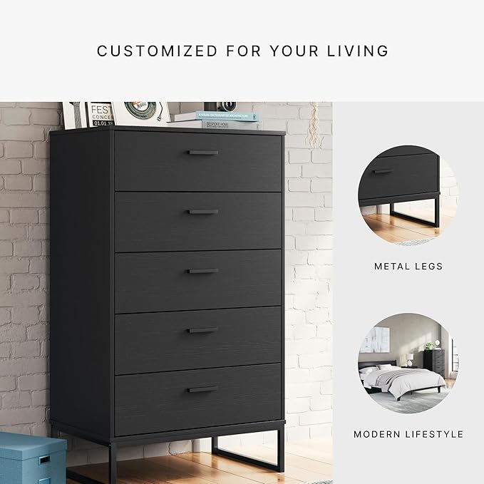Signature Design by Ashley Socalle Modern 5 Drawer Chest with Safety Stop and Metal Legs for Bedroom, Black