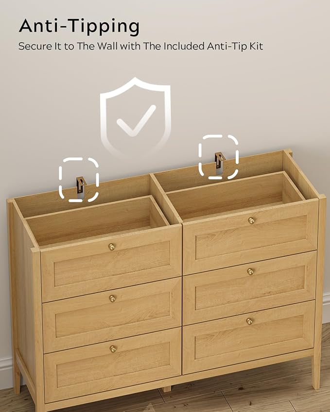 Mid Century Modern 6 Drawer Dresser for Bedroom 47" Wide Chest of Drawers Wooden Storage Dresser Organizer TV Stand for Living Room, Hallway, Natural Oak