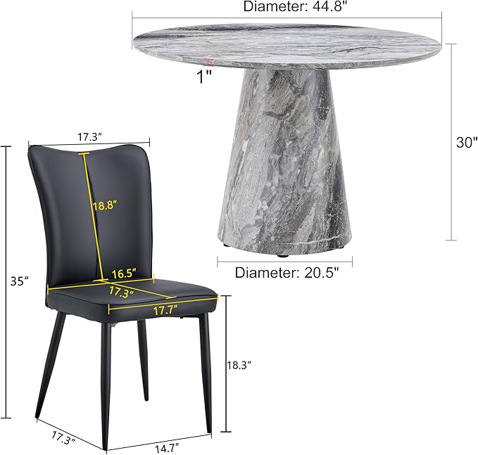 Round Dining Table Set for 4, 45IN Kitchen Table Set with Faux Marble Table Top and PU Upholstered Chairs, Modern Dinner Table with Chairs Set for Dinning Room, Living Room