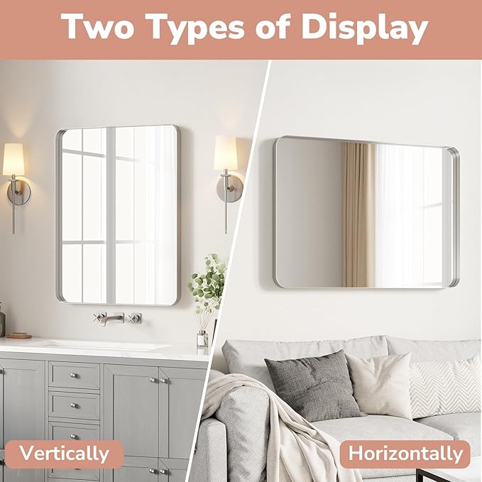 USHOWER Brushed Nickel Bathroom Mirror 24"x36", Silver Rectangle Mirror for Over Sink, Rounded Corner, Aluminum Frame, Anti-Rust, Tempered Glass, Horizontal or Vertical Mounted