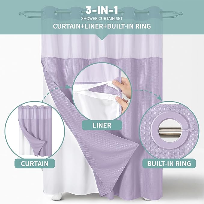 Lavender No Hook Waffle Weave Shower Curtain with snap-in Liner Replacement, 230GSM Waterproof Fabric Hotel Shower Curtain Set for Bathroom, Through Mesh Top Window,71Wx74H