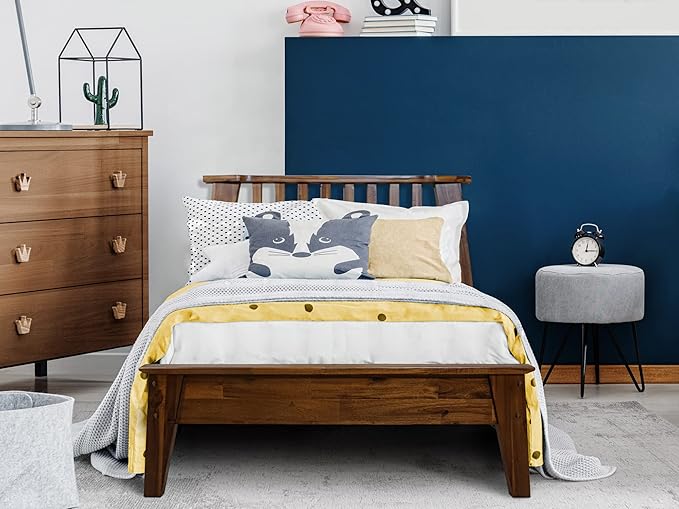 A ACACIA FURNITURE Kaylin Wooden Bed Frame with Headboard, Solid Wood Platform Bed with Wood Slat Support, No Box Spring Needed, Twin, Chocolate, 14 Inch, V1