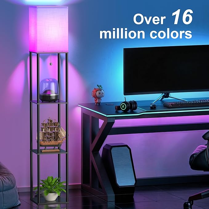 Floor Lamp with Shelves for Living Room with Matter Smart LED Light Bulb Works with Google Home/Alexa/Apple Home/SmartThings/Siri, Modern Standing Lamp Color Changing Corner Light Bedroom Home Decor