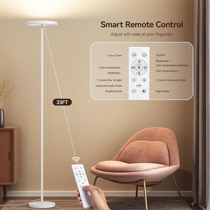 SUNMORY Floor Lamps for Living Room, 28W Bright LED Floor Lamp with 2 Rotatable Lights & Remote Control, 74" Tall Standing Lamp with Stepless Dimmable, Modern Reading Corner Lamp for Bedroom, Office