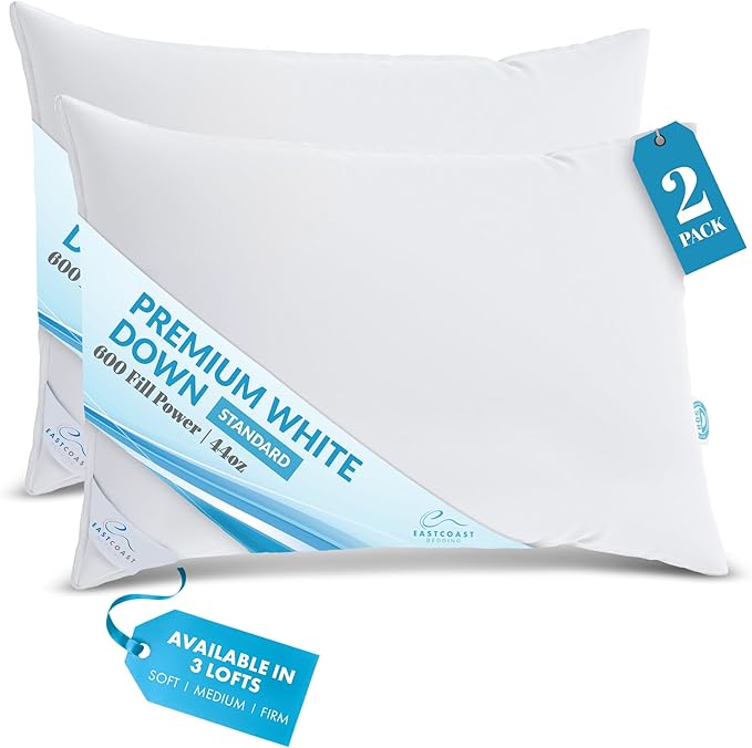 East Coast Bedding Goose Down Sleeping Pillow White 600 Fill Power with 400 Thread Count 100% Cotton for Couch, Side Sleeper, Travel & Bed Pillows - Queen Size Medium - 2 Pack