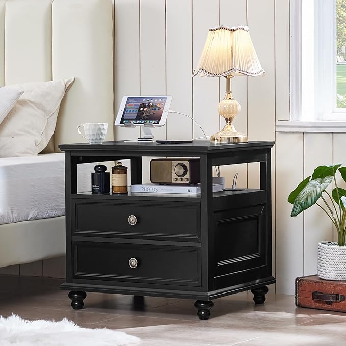 Farmhouse Nightstand with Charging Station, 24" Wide End Table with 2 Drawers, Black Dresser for Bedroom, Bed Side Table Chest of Drawers Cabinet,Wood Night Stand for Living Room, Closet
