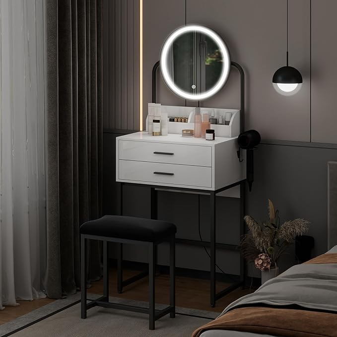 ARTETHYS Small Vanity Desk with Lighted Mirror and Lights Compact Makeup Set with Drawers for Bedroom Mini White Modern Dressing Table with Chair