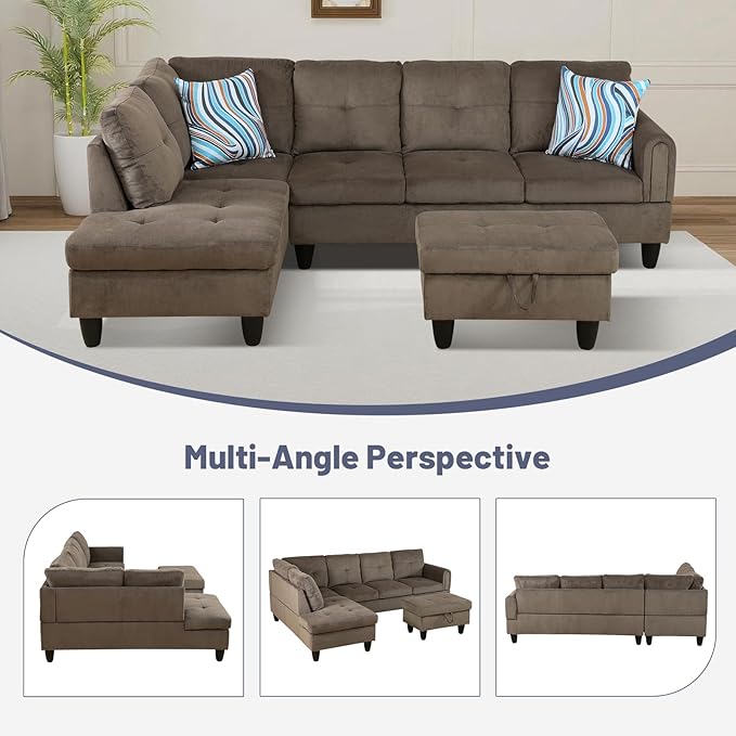 L-Shape 3-Piece Cloud Sofa, Couch for Living Room, Brown Pineapple Velvet Fabric L-Shape with Reversible Chaise & Storage Ottoman, Ergonomic 110–115° Recline, Solid-Wood Frame