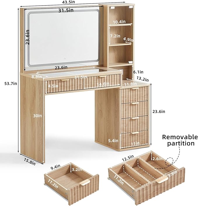 LEYAOYAO Vanity Desk with Mirror and Lights, 43.5'' Fluted Makeup Vanity with 6 Drawers and Adjustable Shelves, Glass Top Make Up Vanity, Girls Wood Dressing Table with Power Outlet for Bedroom