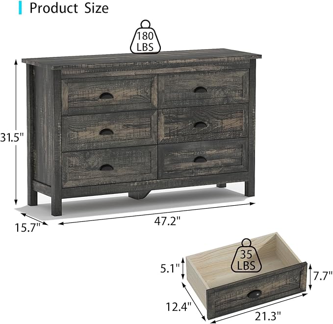 Wananlanen® Farmhouse Dresser for Bedroom, Wooden Tall Rustic Dresser for Bedroom, Hallway (Dark Oak, 6 Drawer)