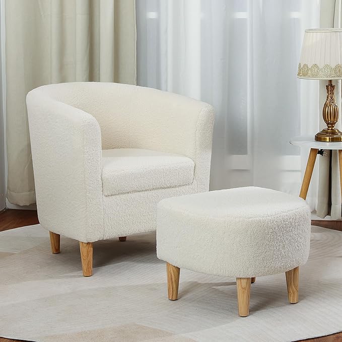DAZONE Sherpa Chair, Accent Chair Set of 2 White Fluffy Teddy Barrel Chairs with Ottoman Comfy Armchair Comfortable Living Room Chairs Upholstered Club Tub Sofa Chair for Bedroom Reading Room