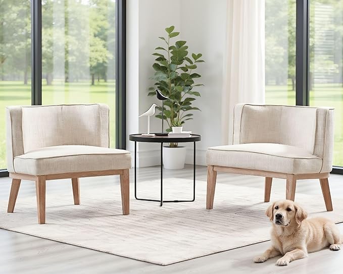 Barrel Chairs Set of 2 Mid Century Modern Accent Chair with Solid Wood Leg Upholstered Reading Arm Chairs Linen Fabric Waiting Room Round Side Chairs for Small Spaces Living Room Bedroom Office, Beige