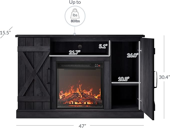 BELLEZE 47" TV Stand with 18" Electric Fireplace Heater & Media Entertainment Center Console Table for TV up to 50" with Open Storage Shelves & Cabinets - Veropeso (Rustic Grey)