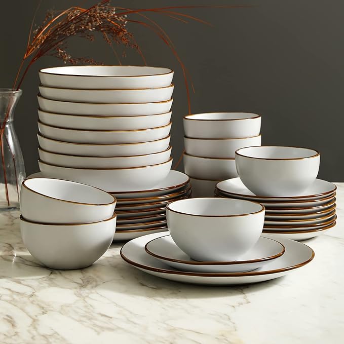 Stone Lain Brasa Stoneware 32 Piece Dinnerware, Plates and Bowls Sets for 8, White, Glossy Rustic-Chic Design, Microwave & Dishwasher Safe