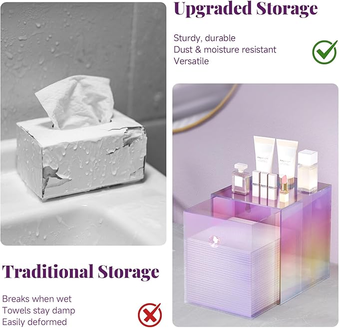 Delamu Disposable Facial Towels Storage Box - Stackable Acrylic Organizer Compatible with Clean Skin Club Towel XL, Bathroom Vanity Holder, Dustproof Multipurpose for Makeup, Skincare,Colorful