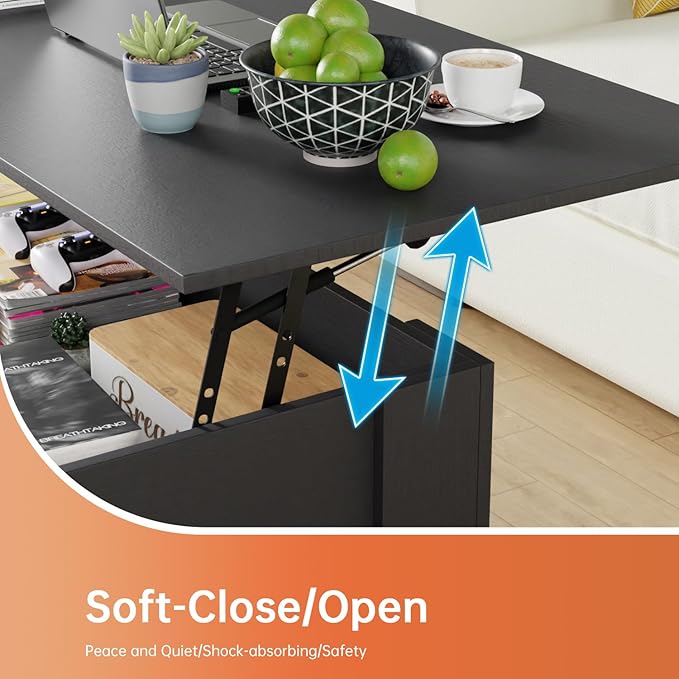 FDW 47" Lift Top Coffee Table with Hidden Large Storage Shelf and Compartment Lifted Wooden Dining Table for Living Room Home Office,Black