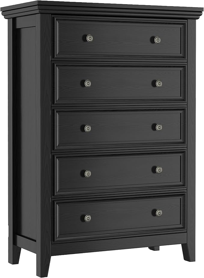 BLANKSPACE Black 5 Drawer Dresser, Modern Dresser for Bedroom, Wood Drawer Organizer with Metal Knobs, Large Capacity Wood Cabinet for Bedroom, Closets, Hallway