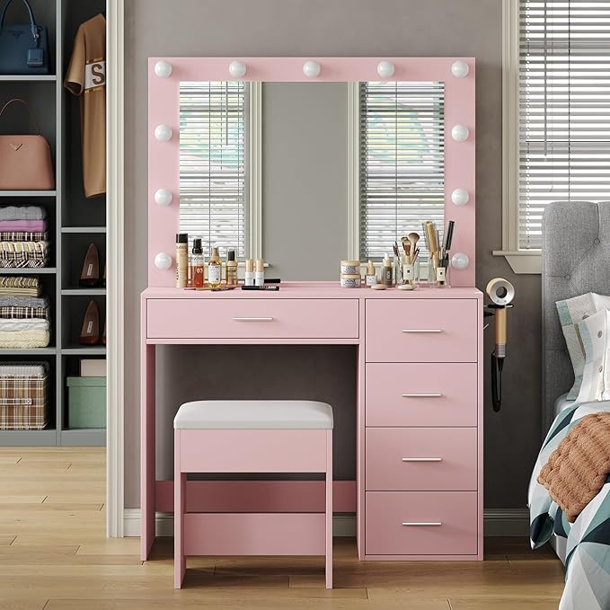 37" W Vanity Desk with Power Outlet, Makeup Vanity with Mirror and Lights, 3 Lighting Modes, Vanity Table with Chair for Bedroom, Dressing Room Studio, Pink
