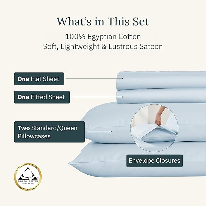 California Design Den Certified 100% Egyptian Cotton Bedsheets Queen Size Bed Set - Queen Sheet Set Egyptian Cotton Sateen, Deep Pockets with Anti-Skid Elastic, Durable Luxury Bedding - Light Blue