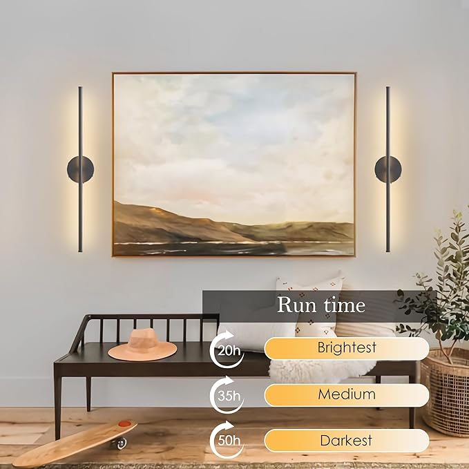 Battery Operated Wall Sconces with Remote Control, Dimmable Wall Sconces Set of Two, 350°Rotate, 3000K LED Black Wireless Wall Light for Living Room, Bedroom,Hallway, 28.3 Inch (2 Pack)