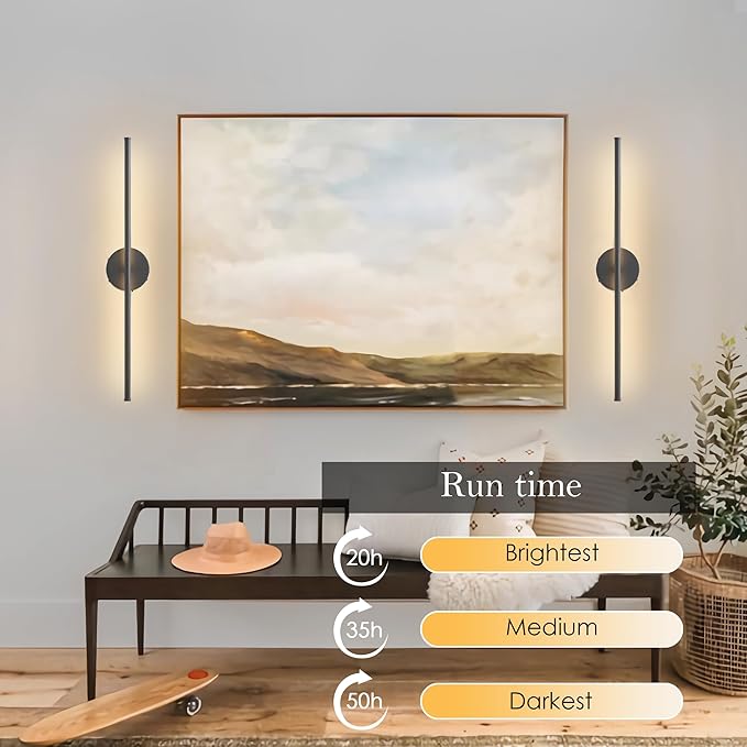 Battery Operated Wall Sconces, Dimmable Wall Sconces Set of Two, 350°Rotate, 3000K LED Black Wireless Wall Light for Living Room, Bedroom,Hallway, 24.4 Inch (2 Pack)