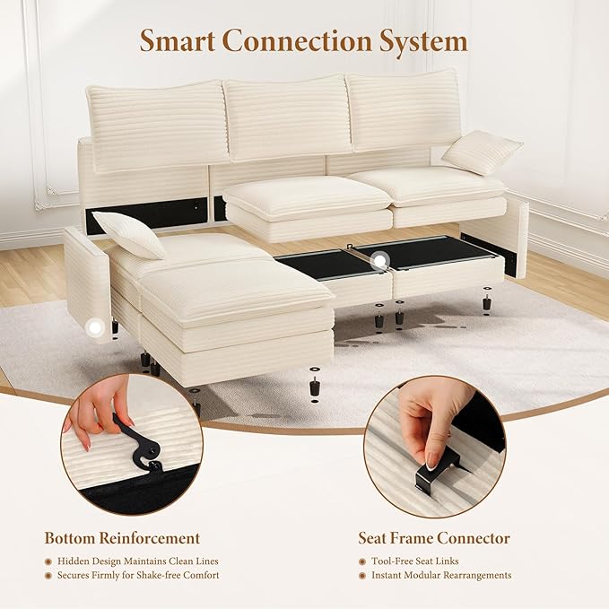 Vesgantti 142" Cloud Couch Sectional Modular Sofa, Comfy Sectional Couch with Ottoman Deep Seat Corduroy L Shaped Sofa, Modular Couches for Living Room, Bedroom and Apartment, Beige