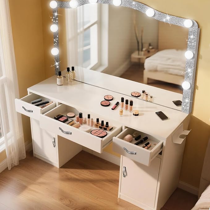 Vanity Desk with Mirror and Lights, Diamond Vanity Mirror with Lights, Makeup Table with Drawers, Cabinets and Power Outlet, 10 Lights 3 Color Lighting Modes, Adjustable Brightness, White
