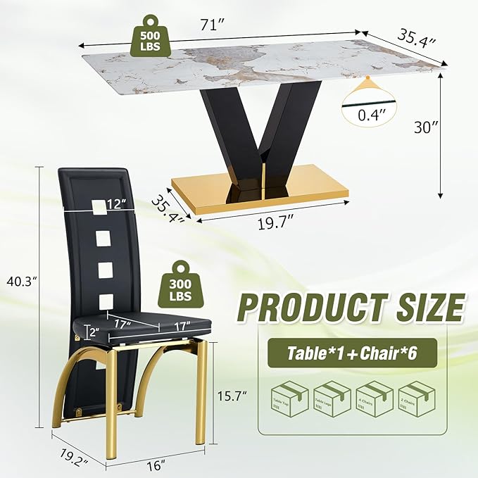 71'' Dining Table Set for 6,Modern Dining Room Table Set for 6,Marble Dining Table with 6 PU Leather Dining Chairs,Gold Dining Room Table with Glossy V-Shaped Base Ideal for Kitchen
