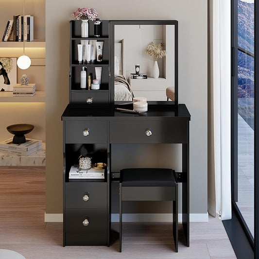 29.2" Small Vanity Desk with Mirror, Makeup Table with Sliding Mirror, Dressing Table with Multi Layer Capacity Storage, Vanity Set with 5 Drawers and Stool for Small Space Bedroom, Black