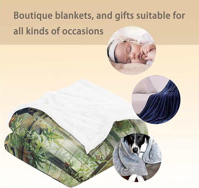 Sunlight Garden Cats Blanket - Ultra Soft, Fluffy, Lightweight Flannel Throw Blankets for Couch, Bed, Travel, Outdoor - Cozy, Fuzzy Home Decor - Lush Plant and Black Cat Design 60×50 in