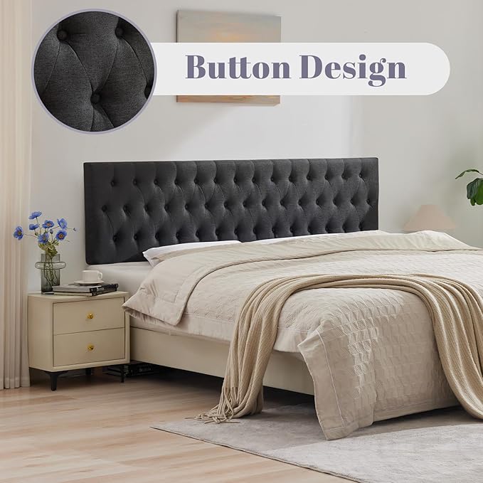 Kingfun Tufted Upholstered Full Size Bed Headboard in Modern Button Design, Adjustable Solid Wood Head Board, Premium Linen Fabric Padded Headboards in Bedroom (Dark Grey)
