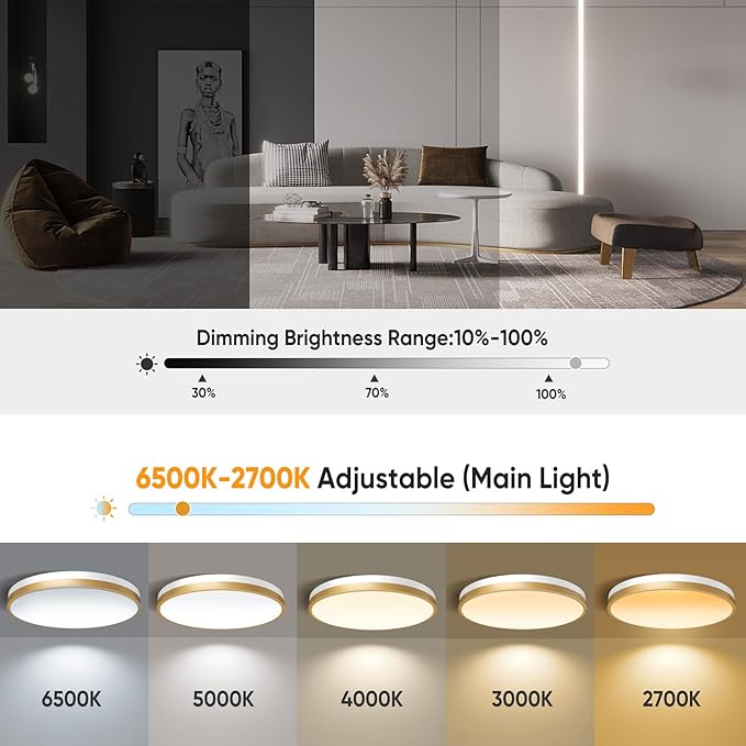 15 Inch Flush Mount Ceiling Light with Remote Control & Night Light, 5CCT Dimmable Ceiling Light Fixture, 35W 3500LM 2700K-6500K Adjustable LED Ceiling Lights for Bedroom Kitchen, White Gold