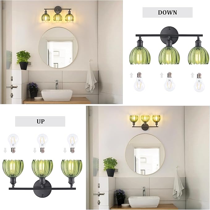 Bathroom Light Fixtures, 3-Light Black Vanity Wall Light Over Mirror with Green Tulip Glass Shade for Bedroom Living Room